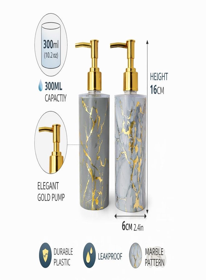LAGET® 300ml Liquid Soap Dispenser Set of 2 with Gold Pump | Marble Design Refillable Handwash, Shampoo, Lotion Dispenser Bottle for Bathroom, Kitchen Sink, Wash Basin Countertop (Grey_Sky_Grey) - Image 4