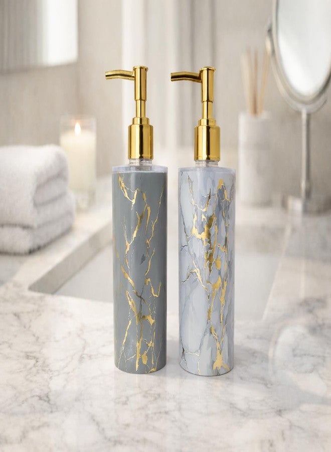 LAGET® 300ml Liquid Soap Dispenser Set of 2 with Gold Pump | Marble Design Refillable Handwash, Shampoo, Lotion Dispenser Bottle for Bathroom, Kitchen Sink, Wash Basin Countertop (Grey_Sky_Grey) - Image 1