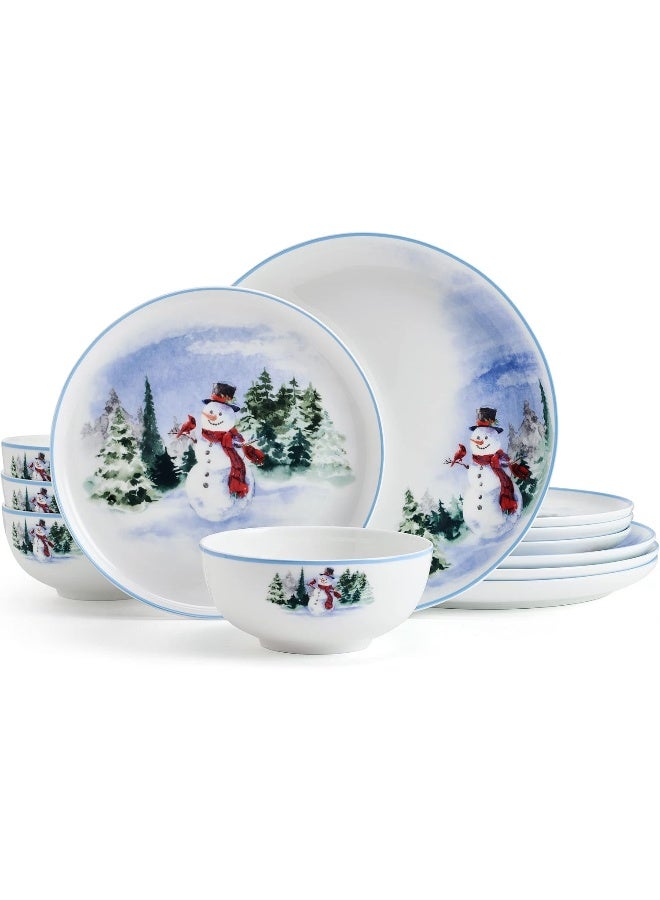 Mikasa Snowman Forest Chip Resistant 12 Piece Dinnerware Set Service for 4 - Image 1