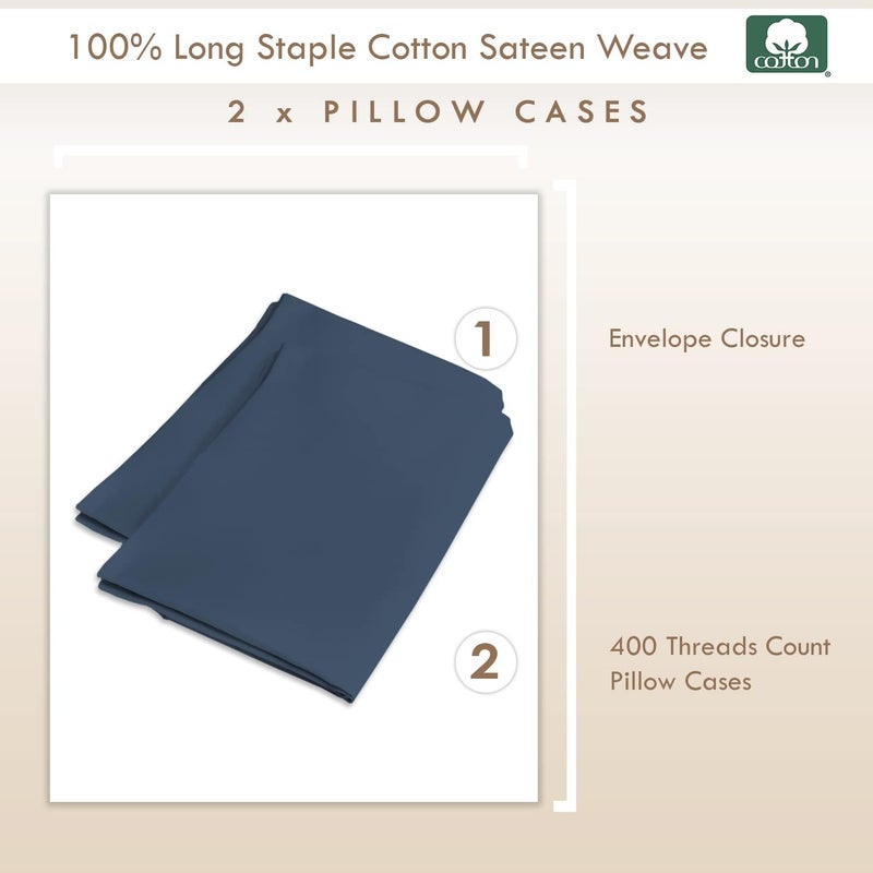 PIZUNA 100% Cotton Pillow Cases 48 x 74 cm Dark Blue, 400 Thread Count Soft Luxurious Long Staple Cotton Sateen Weave Pillow Cover (Soft Pillowcase Dark Blue - 2PC) - Image 3