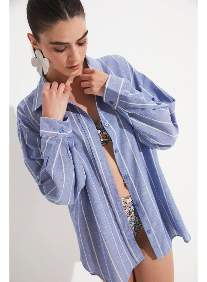 جون June Women Cotton Striped Wide Fit Woven Shirt Blue