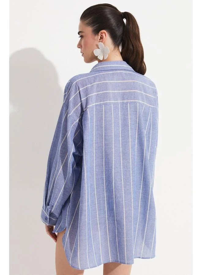 جون June Women Cotton Striped Wide Fit Woven Shirt Blue