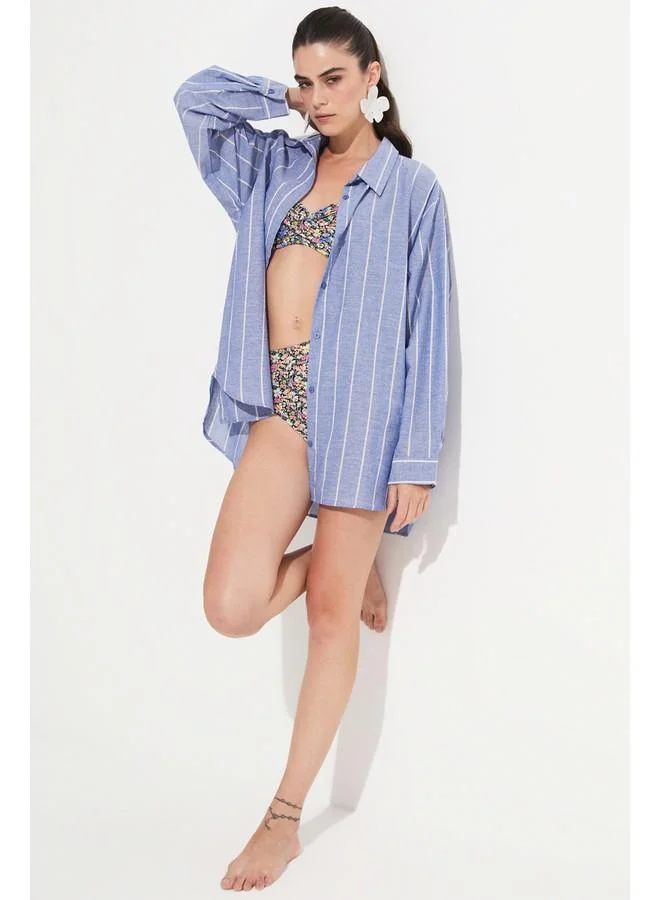 جون June Women Cotton Striped Wide Fit Woven Shirt Blue