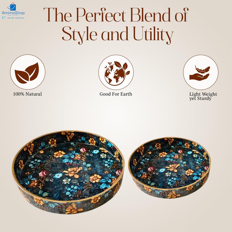 Amimashop Wooden Serving Tray Set of 2 | Decorative Wooden Serving Trays with Floral Print | 12 & 10 Inch Round Trays for Serving, Decoration, and Kitchen Organization,|Tray Set for Serving - Image 4