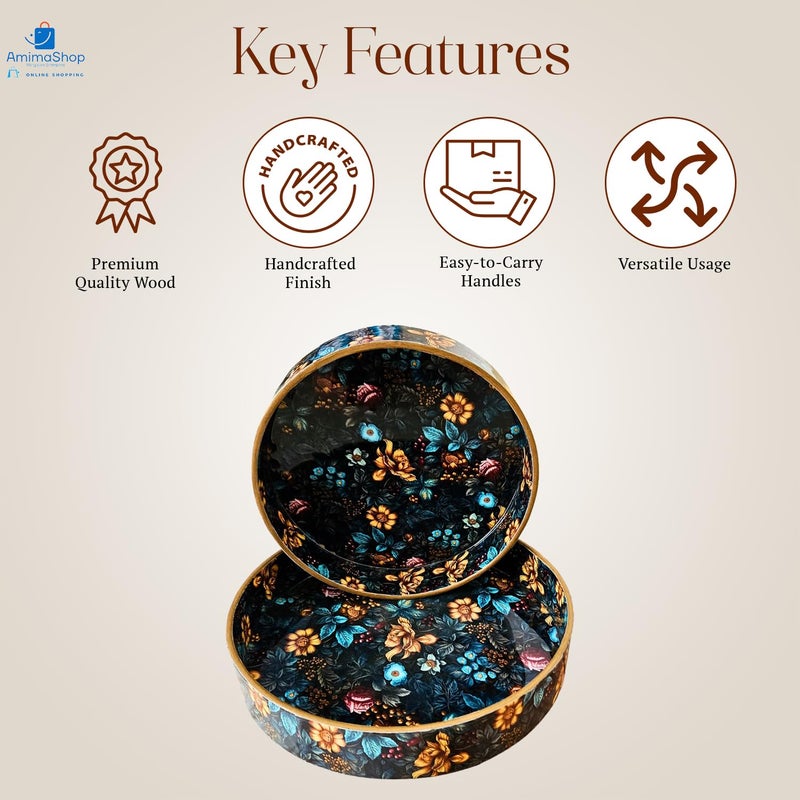 Amimashop Wooden Serving Tray Set of 2 | Decorative Wooden Serving Trays with Floral Print | 12 & 10 Inch Round Trays for Serving, Decoration, and Kitchen Organization,|Tray Set for Serving - Image 3