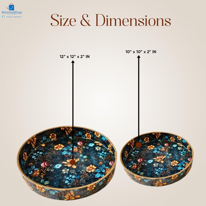 Amimashop Wooden Serving Tray Set of 2 | Decorative Wooden Serving Trays with Floral Print | 12 & 10 Inch Round Trays for Serving, Decoration, and Kitchen Organization,|Tray Set for Serving - Image 2