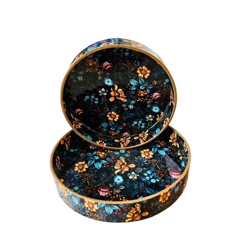 Amimashop Wooden Serving Tray Set of 2 | Decorative Wooden Serving Trays with Floral Print | 12 & 10 Inch Round Trays for Serving, Decoration, and Kitchen Organization,|Tray Set for Serving - Image 1