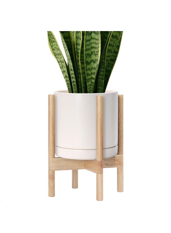 D'vine Dev Ceramic Planter with Natural Stand - 10 Inch Modern Round Flower Pot with Wood Planter Holder, Oatmeal, 55-B-K-8 - Image 1