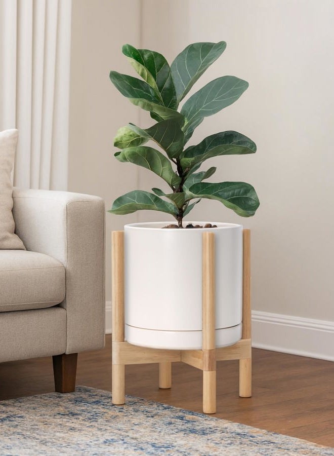 D'vine Dev Ceramic Planter with Natural Stand - 10 Inch Modern Round Flower Pot with Wood Planter Holder, Oatmeal, 55-B-K-8 - Image 2