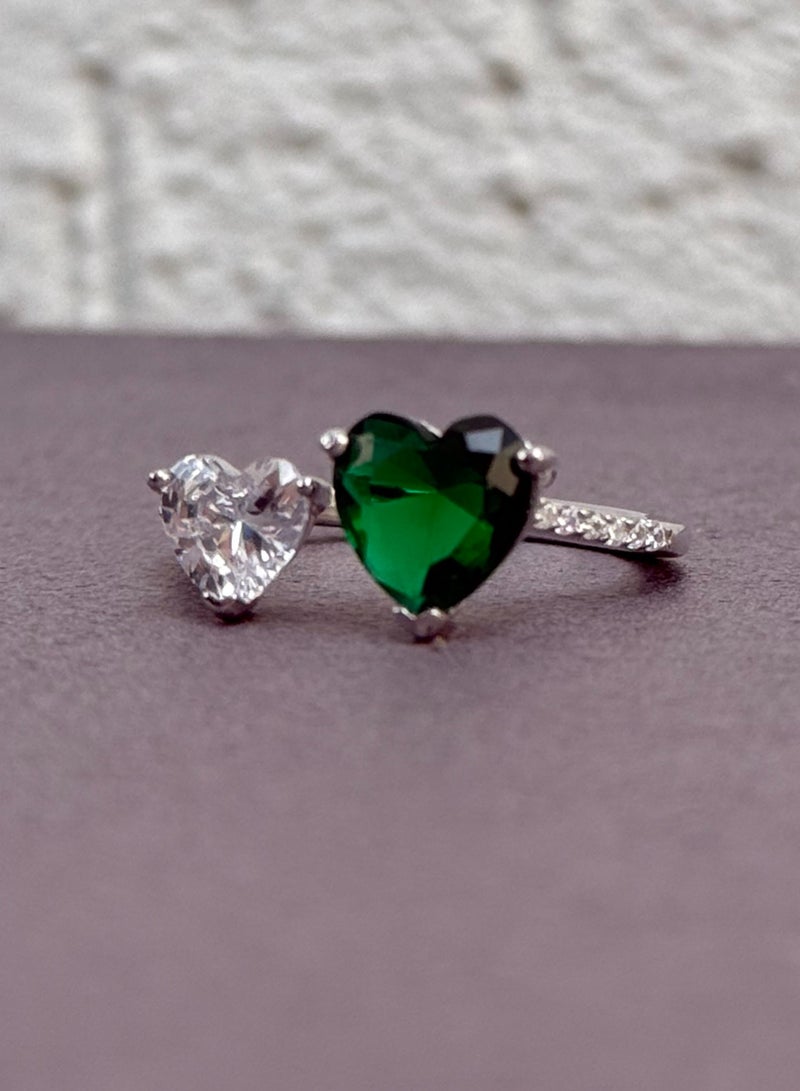 Al Kasr Jewelry Heart Duo Ring - Adjustable - Sterling Silver 925 with Green and White Zircon Stones - Plated Rhodium White Gold 18K - Image 3