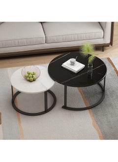 AGD 2 Pieces Table Set, Round Nesting Storage Coffee Tables with Open Shelf Simple Marble Design for Living Room Office 70x70x45cm, 50x50x40cm  - Image 1