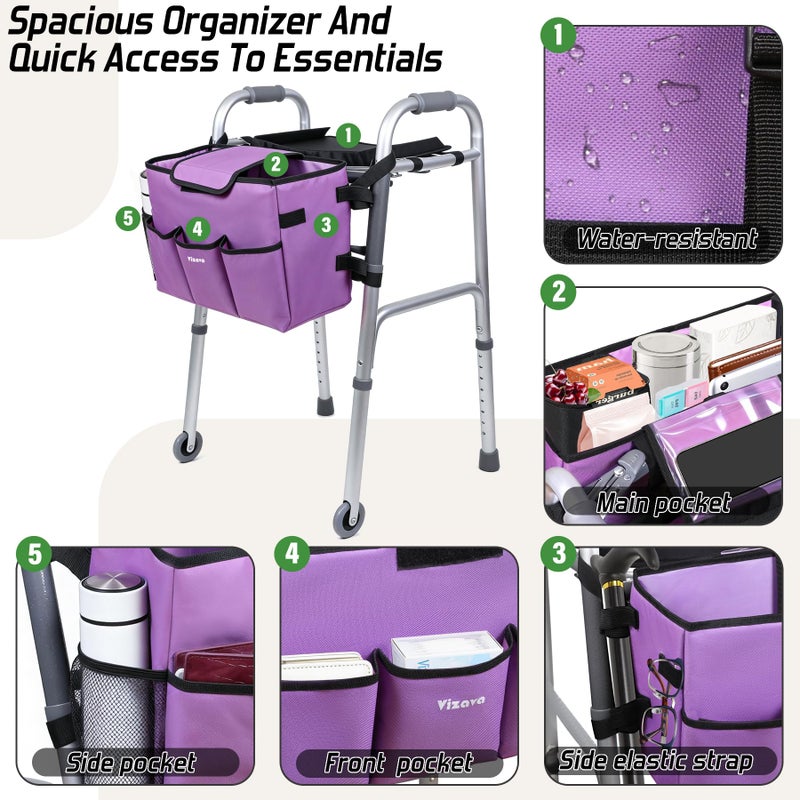 Vizava Upgrade Walker Basket with Tray, Detachable Walker Tray for Folding Walkers, Storage Bag with Cup & Cane Holder, Water-Resistant Walker Accessories for Seniors - Image 5