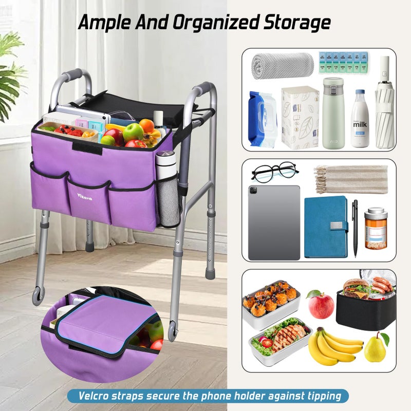 Vizava Upgrade Walker Basket with Tray, Detachable Walker Tray for Folding Walkers, Storage Bag with Cup & Cane Holder, Water-Resistant Walker Accessories for Seniors - Image 3