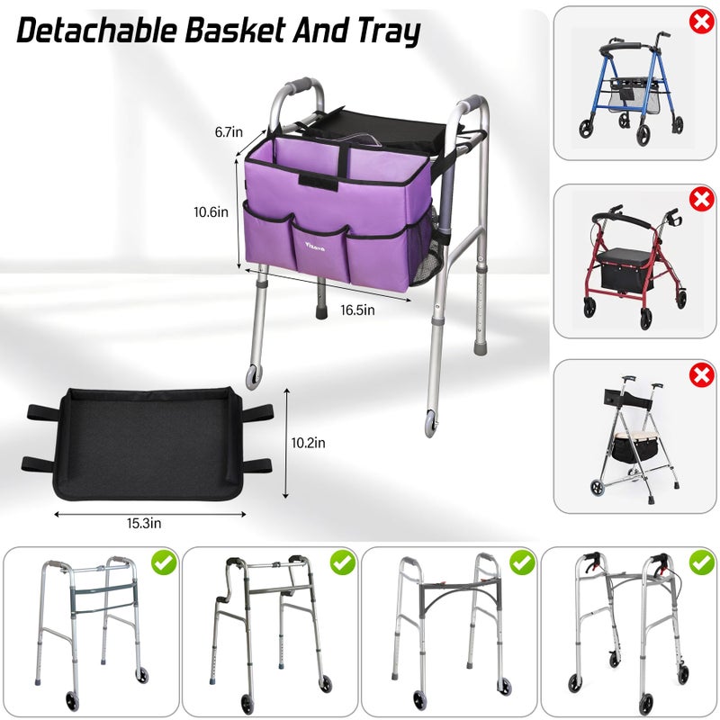 Vizava Upgrade Walker Basket with Tray, Detachable Walker Tray for Folding Walkers, Storage Bag with Cup & Cane Holder, Water-Resistant Walker Accessories for Seniors - Image 2