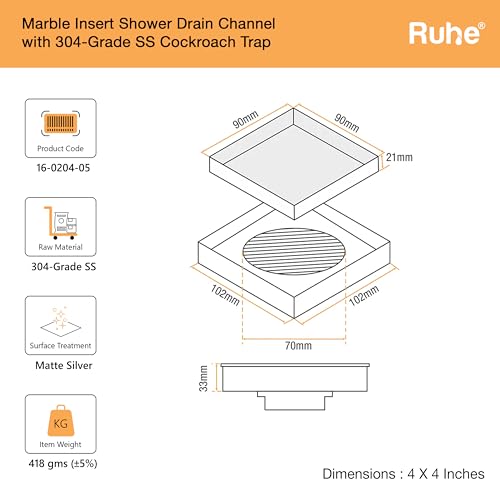 Ruhe Marble Insert Floor Drain | 304 Stainless Steel Invisible Shower Drain Channel | 4 x 4 Inches Waste Water Floor Drain for 21mm Marble | Drain Channel with Cockroach Trap - Image 2