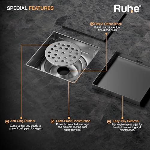 Ruhe Marble Insert Floor Drain | 304 Stainless Steel Invisible Shower Drain Channel | 4 x 4 Inches Waste Water Floor Drain for 21mm Marble | Drain Channel with Cockroach Trap - Image 3
