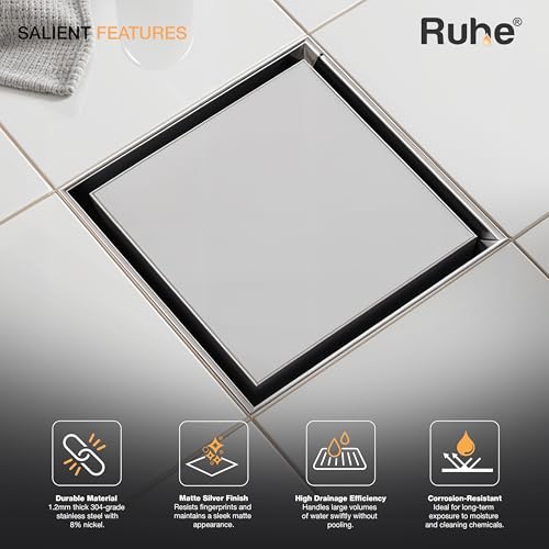 Ruhe Marble Insert Floor Drain | 304 Stainless Steel Invisible Shower Drain Channel | 4 x 4 Inches Waste Water Floor Drain for 21mm Marble | Drain Channel with Cockroach Trap - Image 4