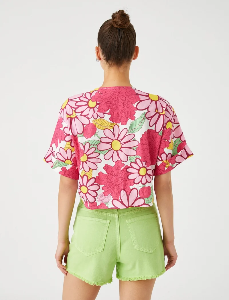 كوتون Floral Shirt Front Tie Linen Viscose Blend