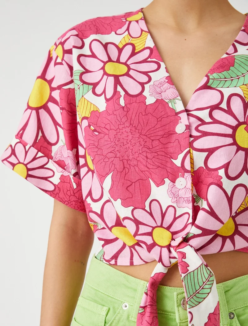 كوتون Floral Shirt Front Tie Linen Viscose Blend