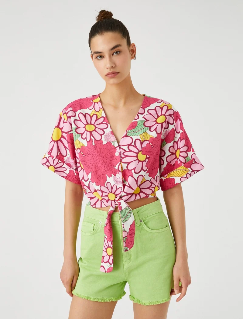 كوتون Floral Shirt Front Tie Linen Viscose Blend