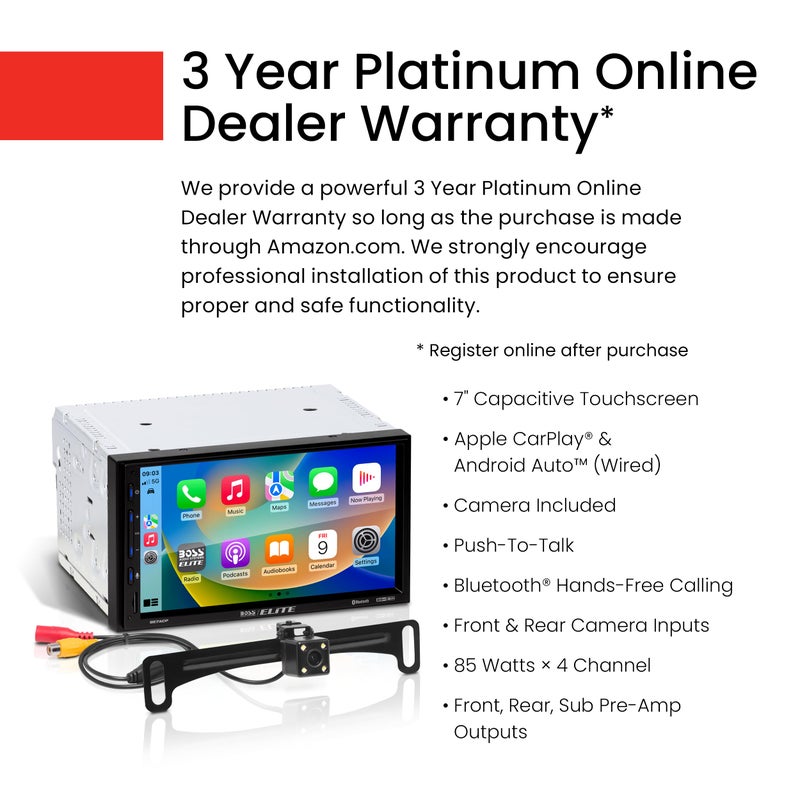 BOSS Audio Systems Elite BE7ACP-C Car Stereo - 7" Display, Apple CarPlay & Android Auto Head Unit, Double DIN Touch Screen Car Stereo, Bluetooth, AM/FM Radio Receiver, USB, SD, Backup Camera - Image 4