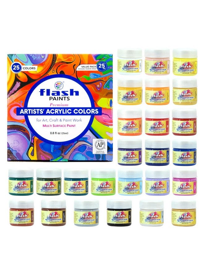 فلاش مجموعة ألوان أكريليك فلاش للبالغين والأطفال والمحترفين - 25 لون أكريليك، كل لون 25 مل - قوة صبغ عالية، صديقة للبيئة، غير قابلة للتلاشي، غير سامة، طلاء أكريليك متعدد الأسطح (25 مل، 25 لونًا) - Image 1