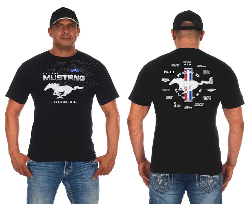 JH DESIGN GROUP JH Design Men's Ford Mustang Collage Short Sleeve Black Crew Neck T-Shirt (Small, CLG0-Black) - Image 1