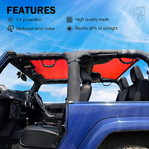 Xprite 2 PCS Sunshade Compatible with Jeep Wrangler JK JKU 2007-2018, Front and Rear Mesh 4 Door Top Sun Shade Cover, Soft Sun Shade Blocks UV with Extra Storage Bag, Red - Image 2