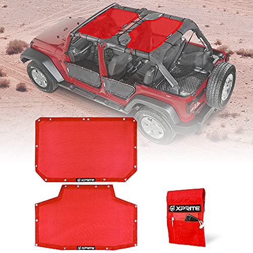 Xprite 2 PCS Sunshade Compatible with Jeep Wrangler JK JKU 2007-2018, Front and Rear Mesh 4 Door Top Sun Shade Cover, Soft Sun Shade Blocks UV with Extra Storage Bag, Red - Image 1