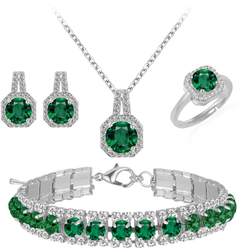 4Pcs Cubic Zirconia Wedding Jewelry Sets For Bride Bridesmaid Cubic Zirconia Pendant Necklace Earrings Link Tennis Bracelet Open Ring Set For Women Birthday/Valentine'S Day/Mother'S Day/Christmas(Silver Plated Emeraald Green Cubic Zirconia)