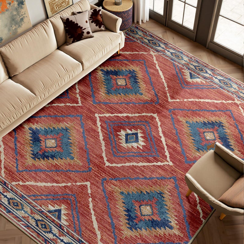 BESTSWEETIE Area Rug 8x10 Rug Machine Washable Non-Slip Low Pile Print Pattern Western Rug for Living Room Bedroom Entryway Tribal Series -Red/Orange - Image 1