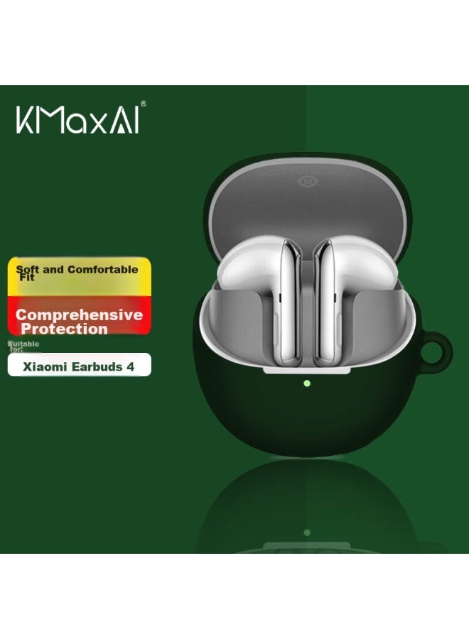 Kmaxai Compatible With Xiaomi True Wireless Earphones Buds4 Protective Case, Simple Silicone Protective Cover With Hook, Xiaomi Fourth Generation Charging Case Frosted Protective Pure Color Soft Case, Dark Night Green - Image 1