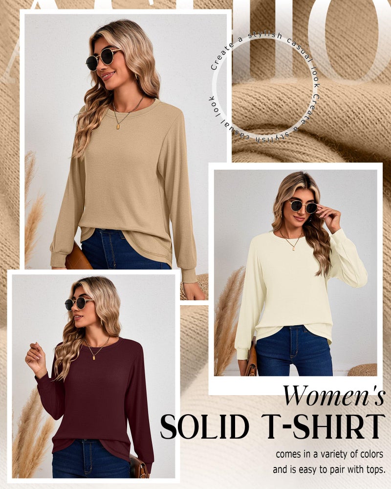 Ficerd 3 Pack Women's Long Sleeve Shirts, Cotton Crew Neck Tunic Tops Casual Loose Fit Pullover Sweatshirts Curved Hem Shirts(Burgundy, Cream White, Khaki,Medium) - Image 5