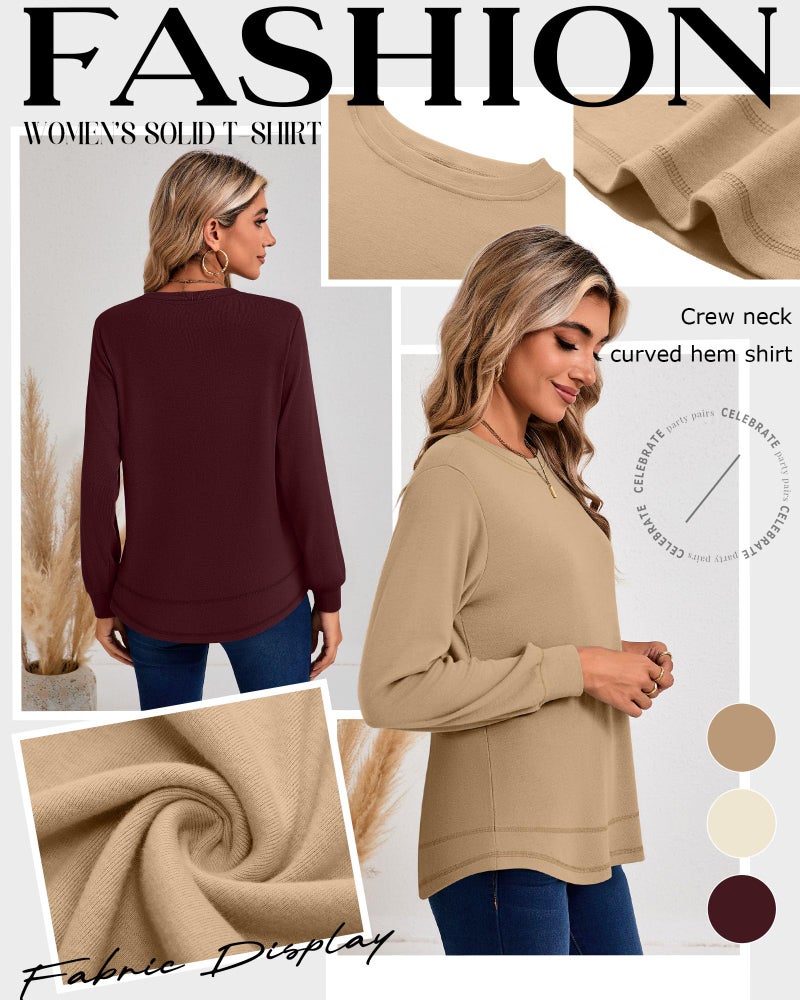 Ficerd 3 Pack Women's Long Sleeve Shirts, Cotton Crew Neck Tunic Tops Casual Loose Fit Pullover Sweatshirts Curved Hem Shirts(Burgundy, Cream White, Khaki,Medium) - Image 4