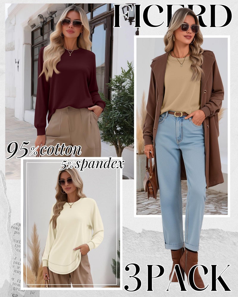 Ficerd 3 Pack Women's Long Sleeve Shirts, Cotton Crew Neck Tunic Tops Casual Loose Fit Pullover Sweatshirts Curved Hem Shirts(Burgundy, Cream White, Khaki,Medium) - Image 2