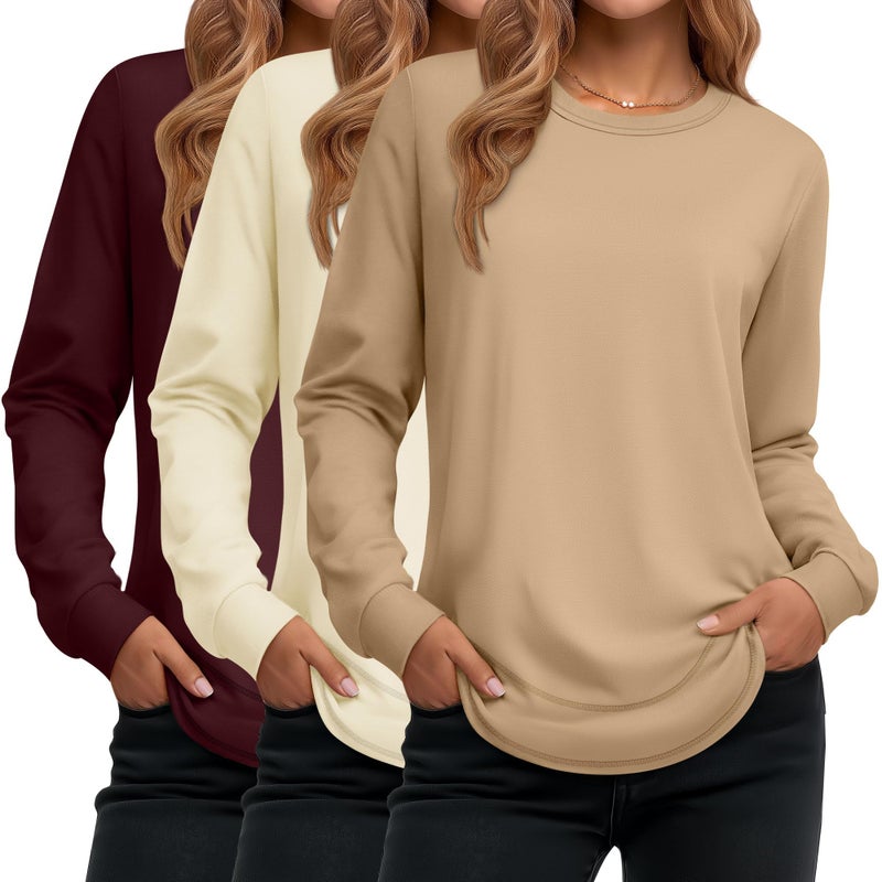 Ficerd 3 Pack Women's Long Sleeve Shirts, Cotton Crew Neck Tunic Tops Casual Loose Fit Pullover Sweatshirts Curved Hem Shirts(Burgundy, Cream White, Khaki,Medium) - Image 1