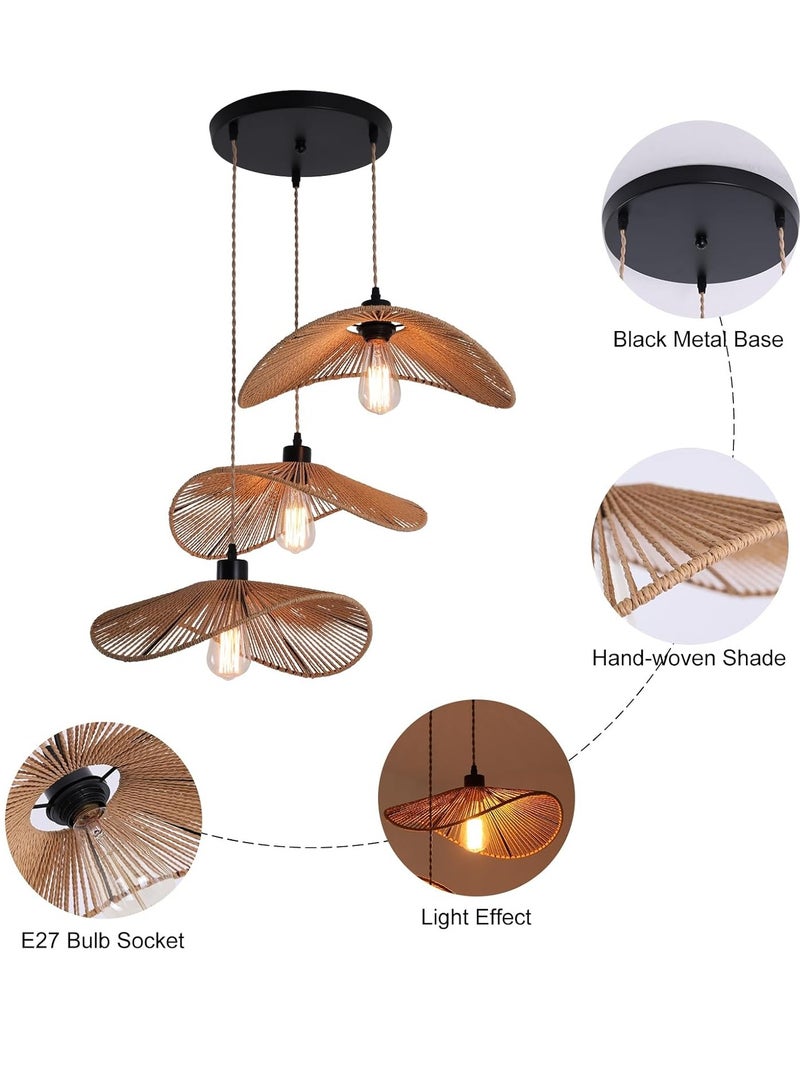 RATSAW Rattan Pendant Light Boho Hanging Light, 3-Lights Handmade Pendant Light Fixture Adjustable Farmhouse 3 Shade Chandelier for Living Room Dining Room Kitchen Bar coffee Foyer Hallway 41cm - Image 2