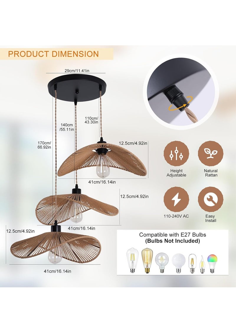 RATSAW Rattan Pendant Light Boho Hanging Light, 3-Lights Handmade Pendant Light Fixture Adjustable Farmhouse 3 Shade Chandelier for Living Room Dining Room Kitchen Bar coffee Foyer Hallway 41cm - Image 5