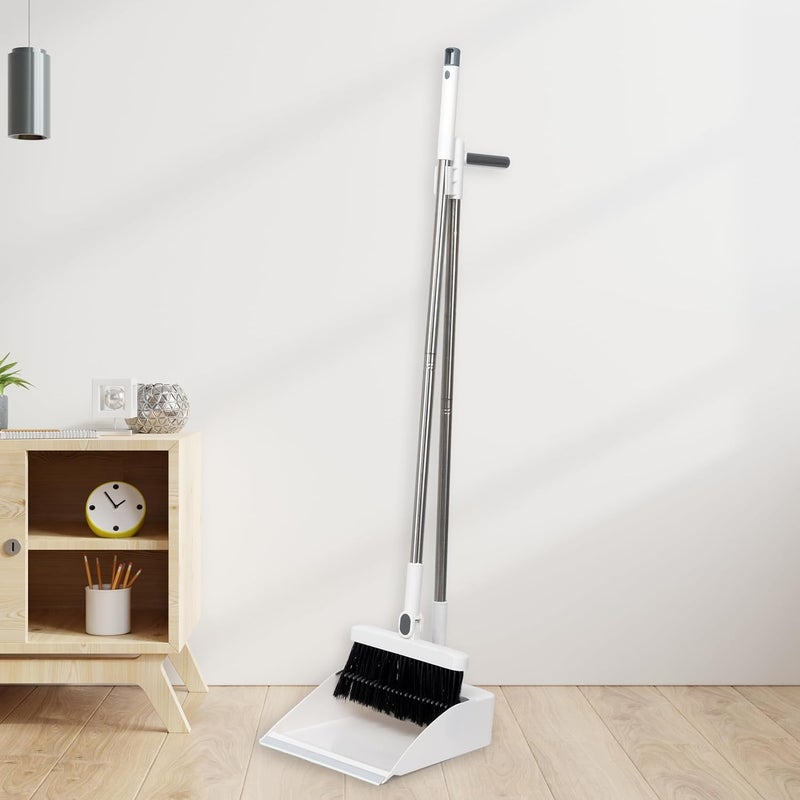 TRADY Broom and Dustpan Set with Long Handle, Light Weight Stainless Steel Poles Stand Upright Dustpans with Broom Combo for Home Kitchen Office Pet Dog Hair, [ Off White ] - Image 2