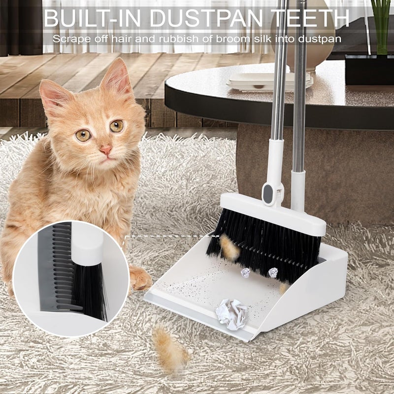 TRADY Broom and Dustpan Set with Long Handle, Light Weight Stainless Steel Poles Stand Upright Dustpans with Broom Combo for Home Kitchen Office Pet Dog Hair, [ Off White ] - Image 5