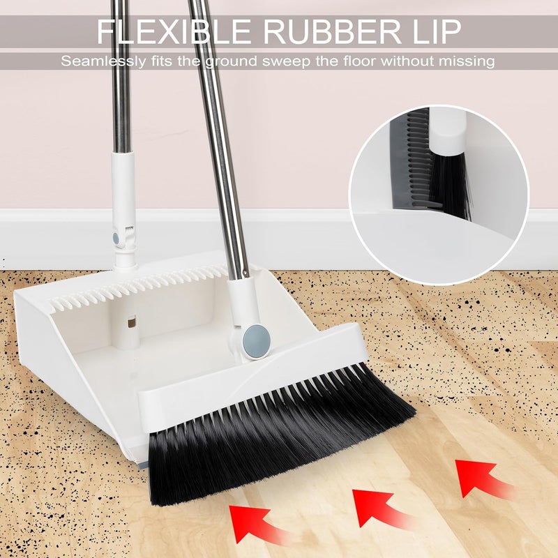 TRADY Broom and Dustpan Set with Long Handle, Light Weight Stainless Steel Poles Stand Upright Dustpans with Broom Combo for Home Kitchen Office Pet Dog Hair, [ Off White ] - Image 4