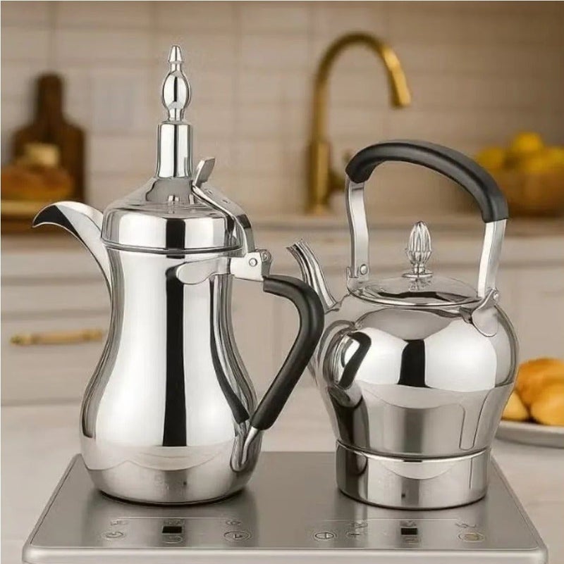 DENX DX3410 Arabic Coffee Dallah & Electric Tea Kettle Set | 1L Dallah + 1.2L Kettle | Digital Heating Base | Stainless Steel | UAE - Image 2