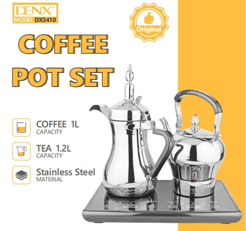 DENX DX3410 Arabic Coffee Dallah & Electric Tea Kettle Set | 1L Dallah + 1.2L Kettle | Digital Heating Base | Stainless Steel | UAE - Image 1