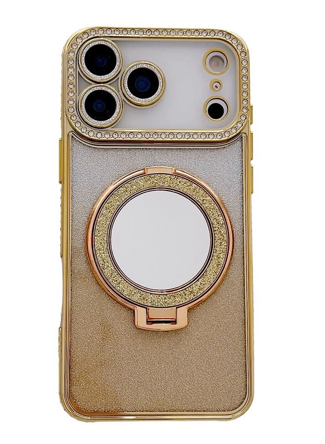 حافظة مغناطيسية لامعة لهاتف iPhone 17 Pro Max، واقي عدسة كاميرا لامع، حامل مرآة مكياج بحلقة لامعة، حافة ماسية فاخرة، غطاء iPhone 17 Pro Max مقاوم للصدمات بتدرج ألوان عصري فاخر، هدية للنساء والفتيات - Image 3