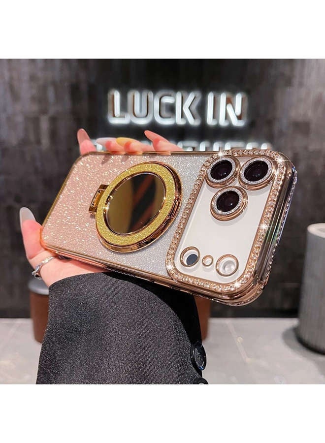 حافظة مغناطيسية لامعة لهاتف iPhone 17 Pro Max، واقي عدسة كاميرا لامع، حامل مرآة مكياج بحلقة لامعة، حافة ماسية فاخرة، غطاء iPhone 17 Pro Max مقاوم للصدمات بتدرج ألوان عصري فاخر، هدية للنساء والفتيات - Image 1