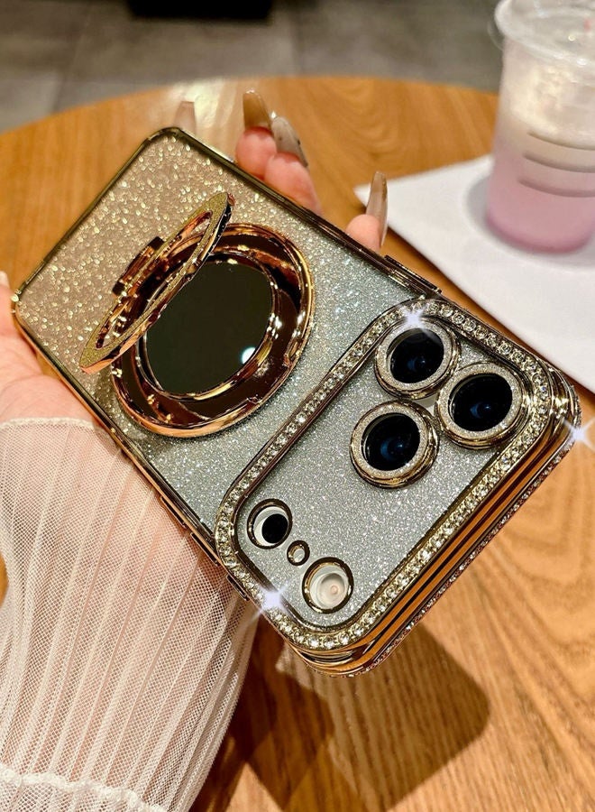 حافظة مغناطيسية لامعة لهاتف iPhone 17 Pro Max، واقي عدسة كاميرا لامع، حامل مرآة مكياج بحلقة لامعة، حافة ماسية فاخرة، غطاء iPhone 17 Pro Max مقاوم للصدمات بتدرج ألوان عصري فاخر، هدية للنساء والفتيات - Image 2