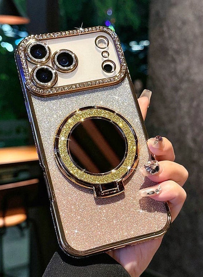 حافظة مغناطيسية لامعة لهاتف iPhone 17 Pro Max، واقي عدسة كاميرا لامع، حامل مرآة مكياج بحلقة لامعة، حافة ماسية فاخرة، غطاء iPhone 17 Pro Max مقاوم للصدمات بتدرج ألوان عصري فاخر، هدية للنساء والفتيات - Image 2