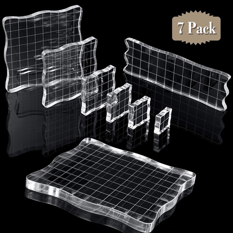 Mudder 7 Pieces Acrylic Stamp Blocks Set Clear Stamping Blocks Tools for Kids with Grid and Grip Scrapbooking Craft Making Decorative DIY Essential Stamping ToolLace Edge