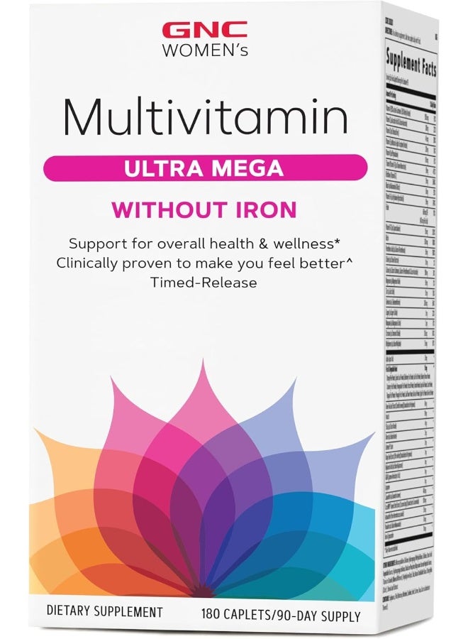 GNC Women's Multivitamin Ultra Mega Without Iron | Daily Vitamin Supplement | Supports Immune, Brain, Hair, Skin & Nails | 180 Caplets - Image 1