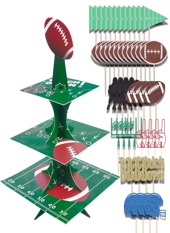 RANERVZ Football Cupcake Stand Decoration 3-Tier Super Bowl Cupcake Holder with 48Pcs Cupcake Toppers Sports Theme Birthday Party Dessert Stand Tower - Image 1